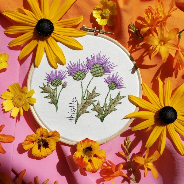 Thistles Embroidery Kit for Beginners | Easy Eco Craft for Adults | Scottish Gift for Gran | Modern Floral Full Kit | Delicious Monster Tea