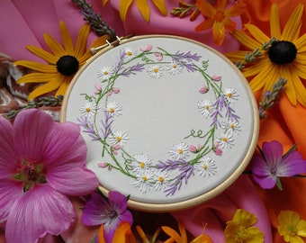 Floral Wreath Embroidery Kit for Beginners | Easy DIY Eco Craft for Adults | Modern Botanical Embroidered Border or Frame | Full Kit