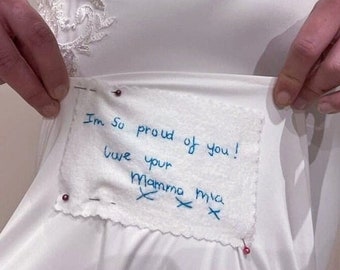 Wedding Dress Patch | Personalised Handwritten Message | Hand Embroidered Sew-In Label | Loss of Mother | Bride Memorial Something Blue Gift