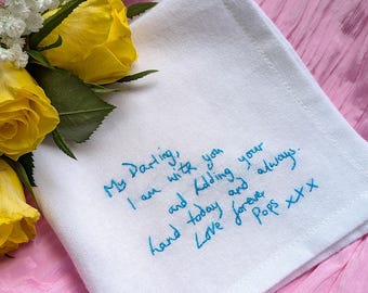 Personalised Handwriting Handkerchief – Hand Embroidered Wedding Memorial Keepsake Organic Cotton