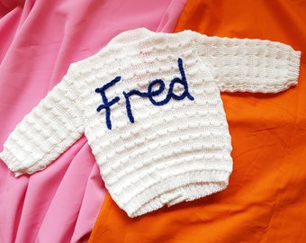 Personalised Baby Name Cardigan | Hand Embroidered Custom Knit for Newborn | New Baby Boy or Baby Girl | Christening Gift | Baby Shower Gift