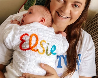 Personalised Rainbow Baby Name Cardigan | Hand Embroidered Custom Knit for Newborn | New Baby Boy or Baby Girl Gift | Coming Home Outfit