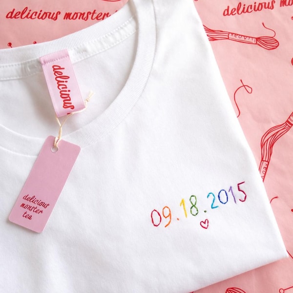 Personalised Embroidered T-Shirt, Custom Text Unisex Tee, Second Anniversary Organic Cotton Shirt