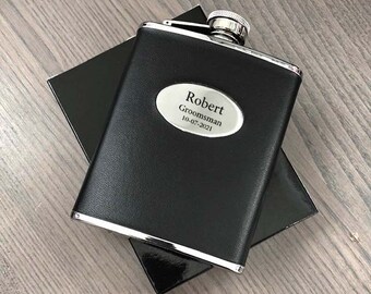 Groomsmen Flask Personalized, 6oz Black Leather Flask Engraved, Flasks for Groomsmen, Flasks for Bridesmaid, Groomsmen Gift - VF5017