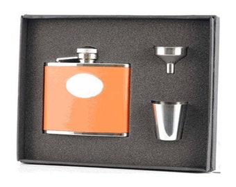 Personalized Flask for Women, 4oz Orange Leather Stainless Steel Flask Set, Flasks for Bridesmaid, Maid of Honor Flask - VSET75-1109