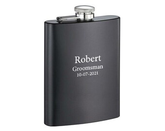 Groomsmen Flask Personalized, 8oz Black Matte Stainless Steel Flask Engraved, Flasks for Groomsmen, Flasks for Bridesmaid, Groomsmen Gift