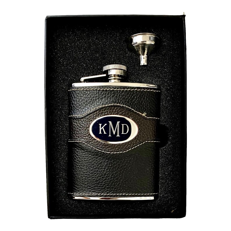 Personalized Flask Set, 6oz Black Leather Stainless Steel Hip Flask, Groomsmen Gift, Birthday, Father's day, Anniversary Gift VSET33-6018 image 1