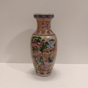 Japanese Satsuma 12 1/2 Hand Painted Vase With Raised Samurai and Geisha 