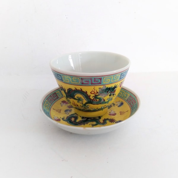 Antique Vintage Sake Cup | Antique Yellow Sake Cup | Vintage Yellow Sake Cup | Antique Signed Sake Cup | Sake Cup And Saucer | Sake Set