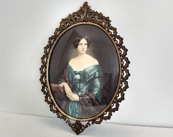 16" Vintage Oval Framed Print Convex Glass Cover | Vintage Oval Frame | Ornate Oval Frame | Vintage Woman Portrait | Vintage Wall Decor