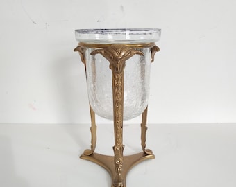 9"  2.2Lbs. Vintage Brass Crackle Glass Vase | Crackle Glass Brass Candle Holder | Brass Ram Candle Holder | Vintage Brass Candle Holder