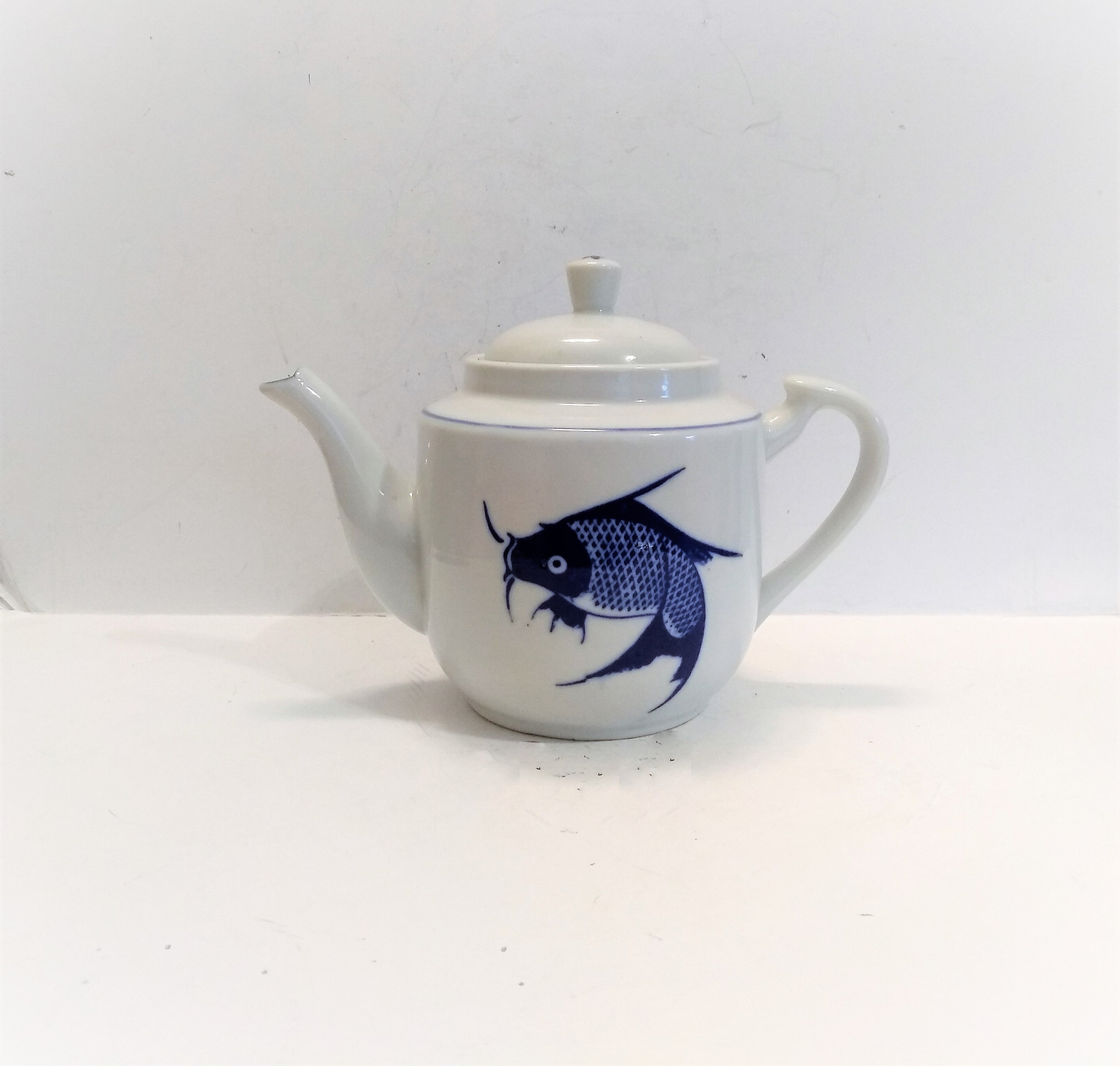 8" Vintage Koi Fish Tea Pot | Koi Fish Teapot | Chinoiserie Koi Fish | Blue White Koi Fish | Blue White Koi Fish Tea Pot | Blue Koi Fish