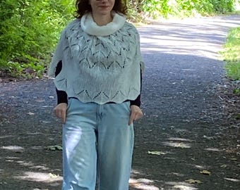Hand Knitted, Seamless, White Alpaca Poncho