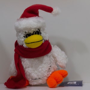Handmade Penguin Dressed for the Holidays in a Red Fleece Hat and Scarf
