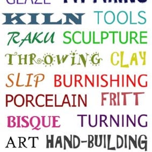 May include: A colorful word cloud with terms related to pottery and ceramics, including "pottery", "ceramics", "glaze", "pit firing", "kiln", "tools", "raku", "sculpture", "throwing", "clay", "slip", "burnishing", "porcelain", "frit", "bisque", "turning", "art", "hand-building", "kaolin", and "flux".