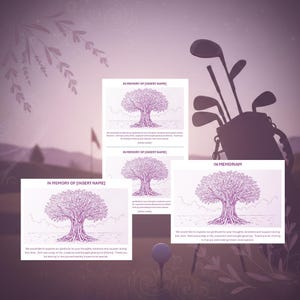 Può includere: Immagine dai toni viola con mazze da golf, una pallina su un tee e biglietti commemorativi. I biglietti presentano l'illustrazione di un albero e la scritta "In Memory Of". Il testo esprime gratitudine e gioia.