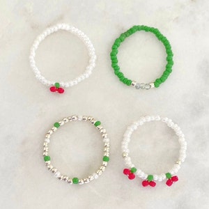 Cherry Red , Green and Silver Minimalist Dainty Seed Bead Stretch Boho 4 Ring Set