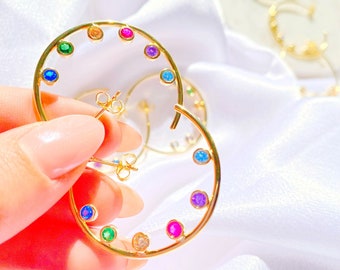 Multicolor Rainbow Hoop Earrings: Sterling Silver CZ Crystal Jewelry