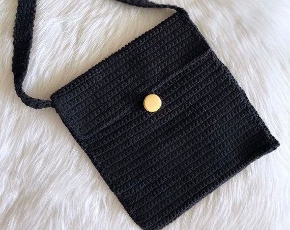 Square Retro Boho Crochet Black And Gold Handmade Vintage Crossbody Shoulder Bag , Gifts For her