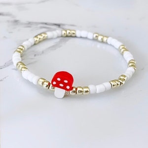 Mushroom Beaded Bracelet | Clay Bead Bracelet | Mushroom Bracelet Charm | Stretchy Beaded Bracelet | White And Gold Beaded Bracelet