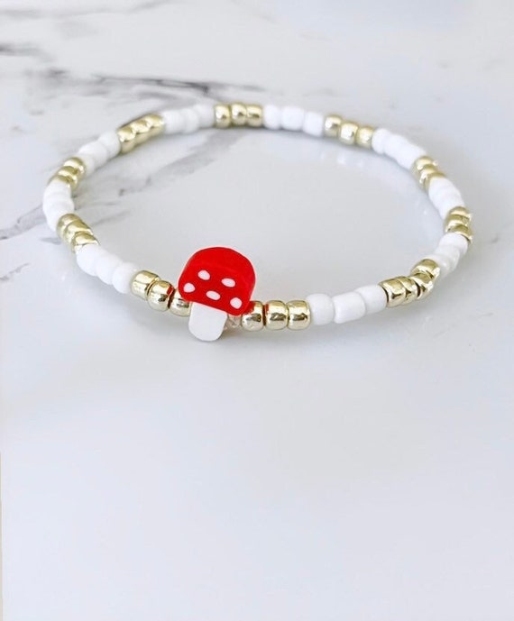 Mushroom Beaded Bracelet | Clay Bead Bracelet | Mushroom Bracelet Charm | Stretchy Beaded Bracelet | White And Gold Beaded Bracelet