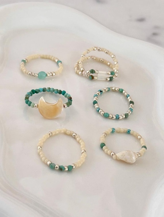 Turquoise Seed Bead Ring Set, Stretchy Stacking Rings, Mother of  Pearl Moon Jewelry, Boho Celestial Dainty Minimalist Set