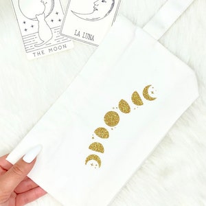 Bolsa de maquillaje de fase lunar, bolsa de diseño de luna con brillo dorado, bolsa de mano de cristal, regalos espirituales, bolsa celestial