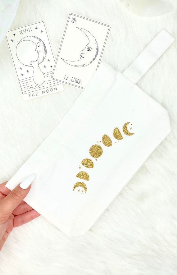 Moon Phase Make Up Bag , Gold Glitter Moon Design Bag,  Crystal Hand Pouch , Spiritual Gifts , Celestial Bag