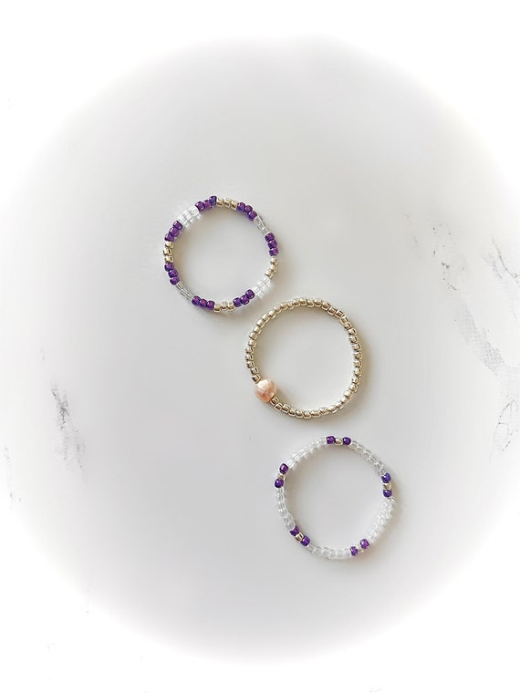 Purple Gold Pearl Minimalist Dainty Seed Bead Stretch Boho 3 Ring Set