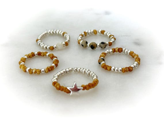 Ivory and Silver Seed Bead 5pcs Ring Set with Jasper Hematite & Mother of Pearl Gemstones