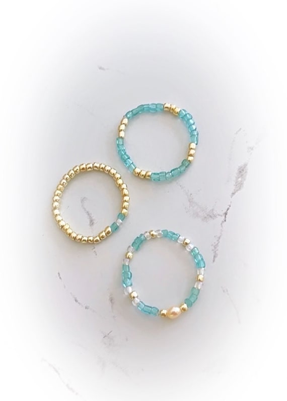 Blue Gold Pearl Minimalist Dainty Seed Bead Stretch Boho 3 Ring Set