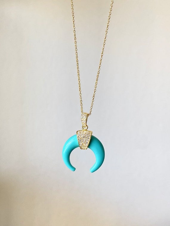 Crescent Moon Blue Tusk Double Horn  925 Sterling Silver Gold Plated Necklace