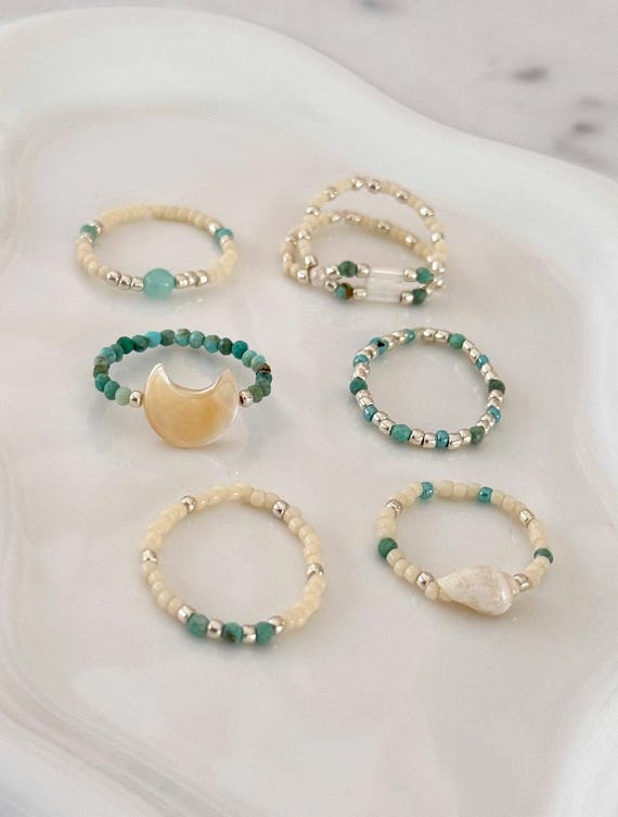 Dainty Boho Turquoise Mother of Pearl Moon Stretchy Stacking Seed Bead Ring Set