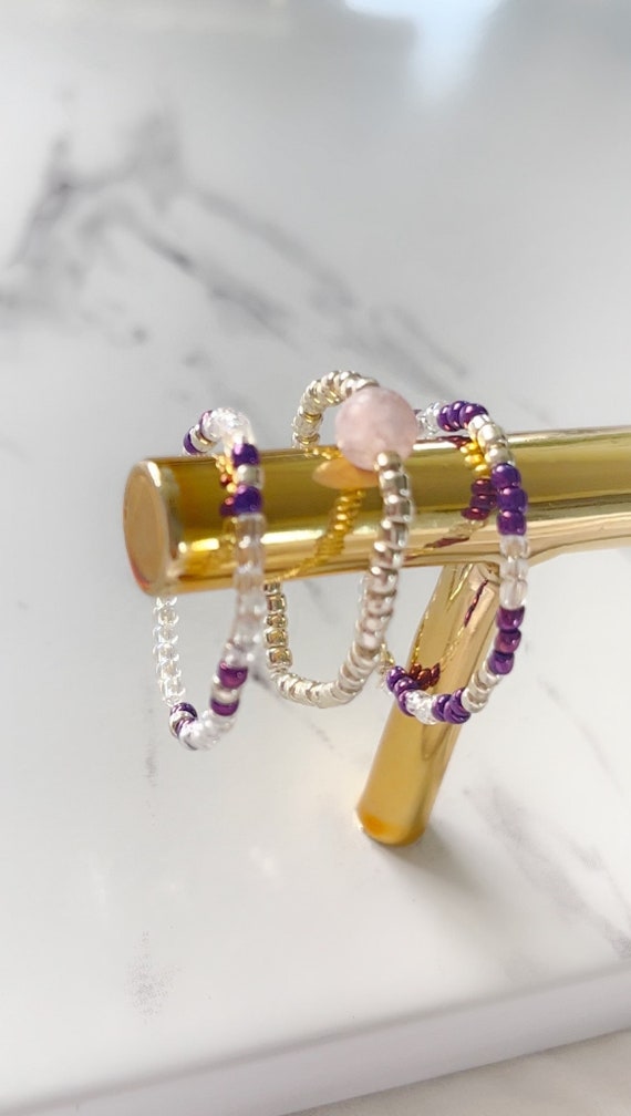 Purple Gold Agate Minimalist Dainty Seed Bead Stretch Boho 3 Ring Set