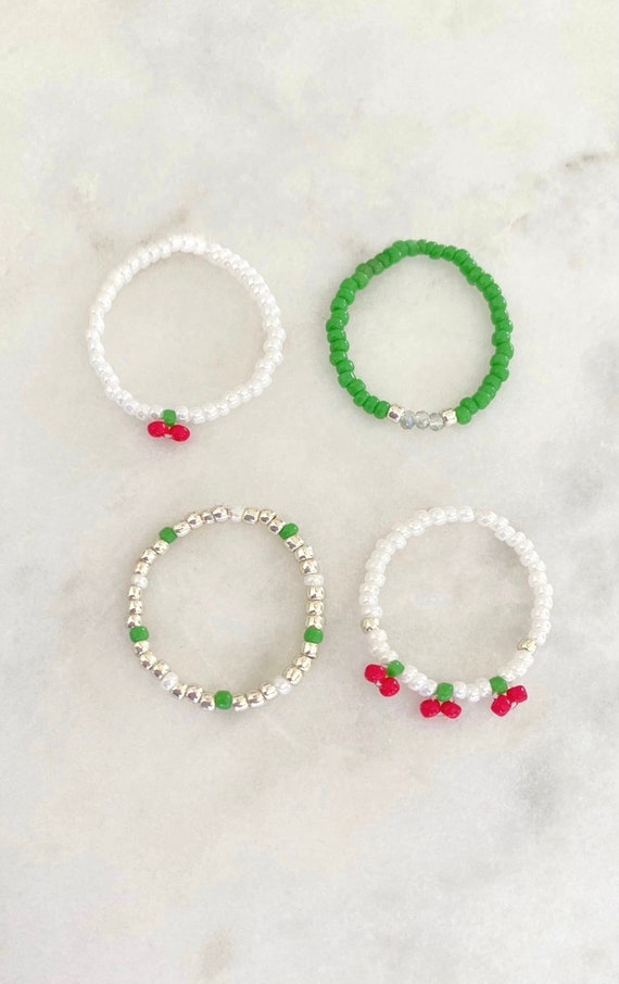 Cherry Red , Green and Silver Minimalist Dainty Seed Bead Stretch Boho 4 Ring Set