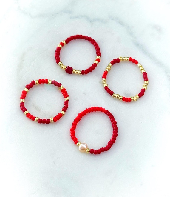 Red Gold Pearl Minimalist Dainty Seed Bead Stretch Boho Ring Set