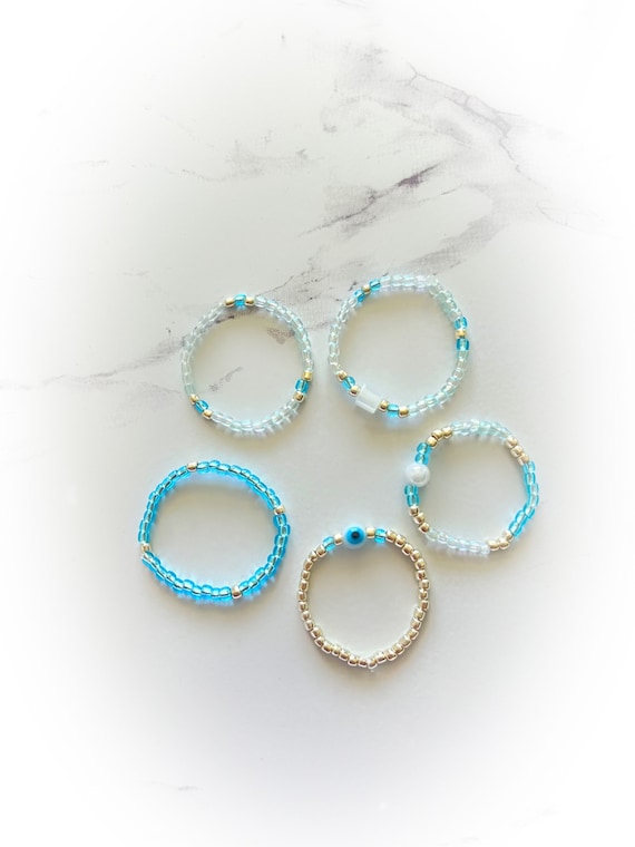 Blue Gold Pearl Minimalist Dainty Seed Bead Stretch Boho Ring Set , Evil Eye Ring , Summer Rings ,Stacking Rings
