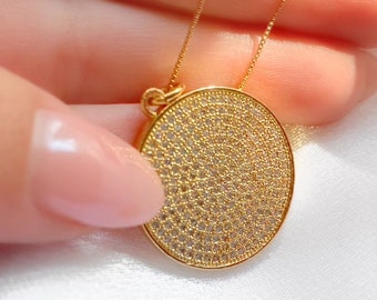 Round Pendant Necklace Circle Crystals Sterling Silver dipped in gold