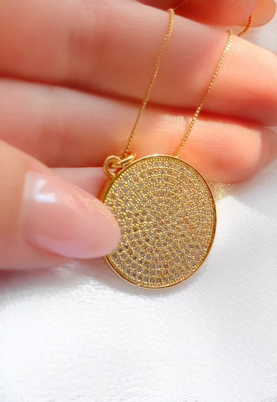 Round Pendant Necklace Circle Crystals Sterling Silver dipped in gold