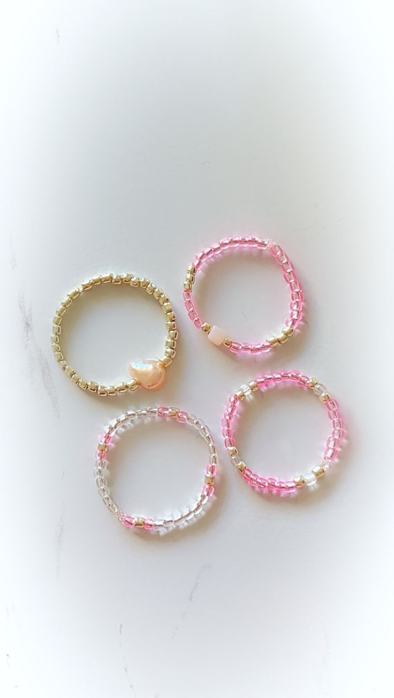 Pink Gold Pearl Minimalist Dainty Seed Bead Stretch Boho 4 Ring Set