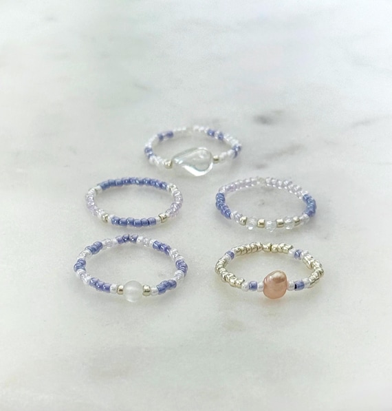 Lavender Seed Bead Ring, Purple Quartz and Pearl Ring, Boho Dainty gemstone Ring, Gift for Her