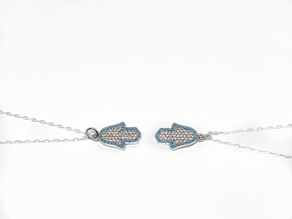 Hamsa Hand Necklace, Blue and Silver Protective Evil Eye Necklace , 925 Sterling Silver