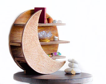 Moon Shelf Healing Crystals  Jewelry Holder Crescent Luna shelves Home Decor Display Altar Rustic Wood