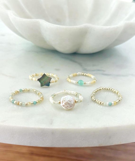 Dainty Seed Bead Rings Set, Amazonite Gemstone Ring, Pearl & Abalone Star, Boho Stacking Jewelry, Gifts For Her