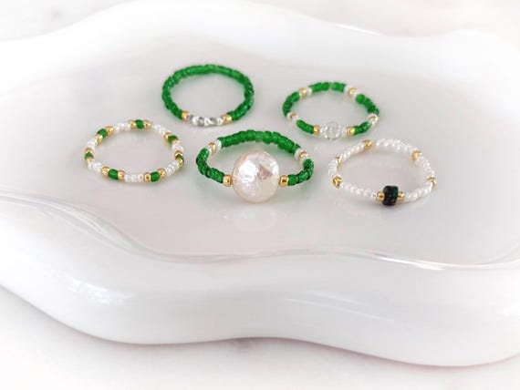 Green Gold Pearl Minimalist Dainty Seed Bead Stretch Boho 5 Ring Set Gift