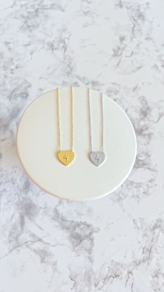 Lightning Bolt Necklace, Dainty Heart Necklace, 925 Sterling Silver , Gold Plated Necklace , Layering Necklace , Gifts for Her