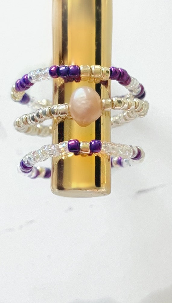 Purple Gold Pearl Minimalist Dainty Seed Bead Stretch Boho 3 Ring Set