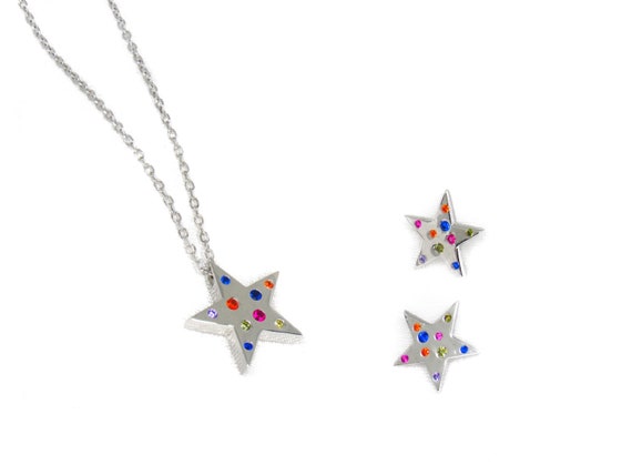 Twinkle Star Charm Earrings Silver/Gold Multicolor Pendant Necklace Set