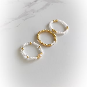 White Gold Pearl Minimalist Dainty Seed Bead Stretch Boho 3 Ring Set