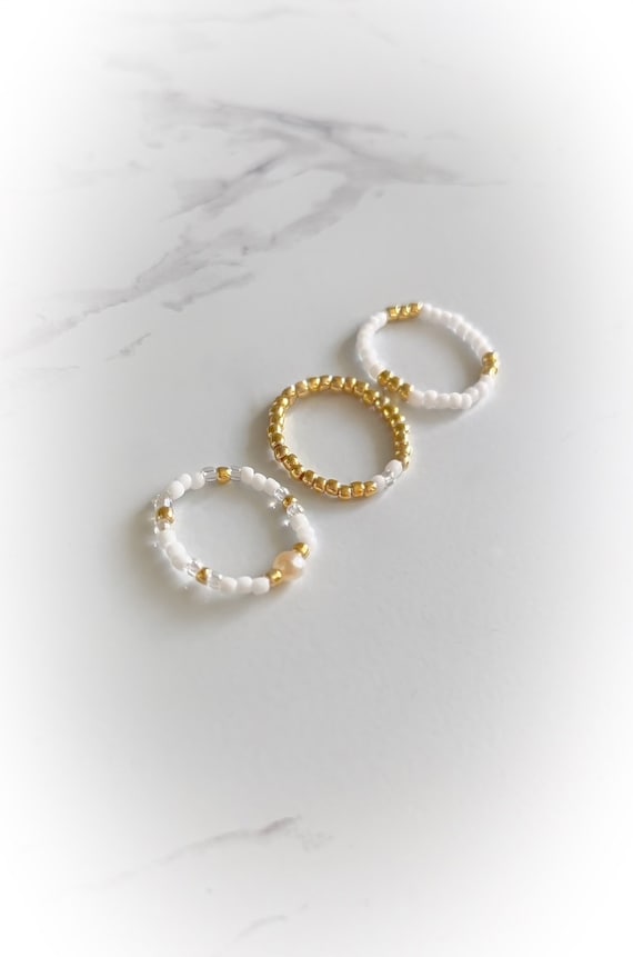 White Gold Pearl Minimalist Dainty Seed Bead Stretch Boho 3 Ring Set